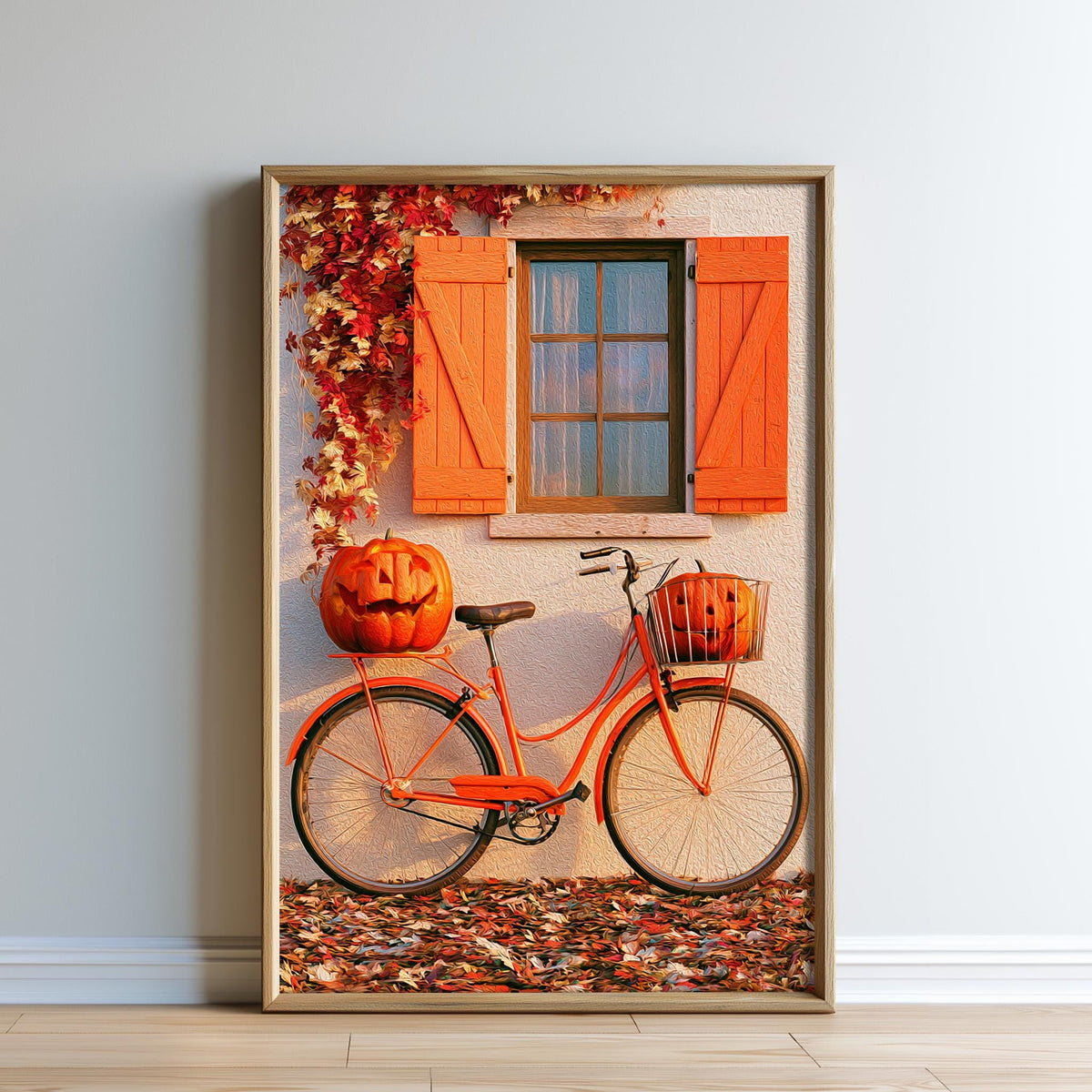 A bicycle with two carved pumpkins on the back is parked in front of a window with orange shutters, creating a festive autumn scene.