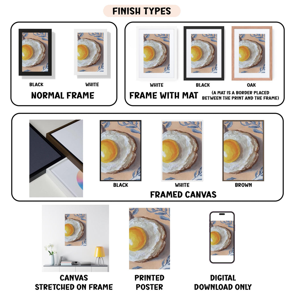 The image is a collection of different finish types for a framed canvas print, including black, white, black and oak, white and black, white and brown, framed canvas, stretched canvas, printed poster, and digital download only.
