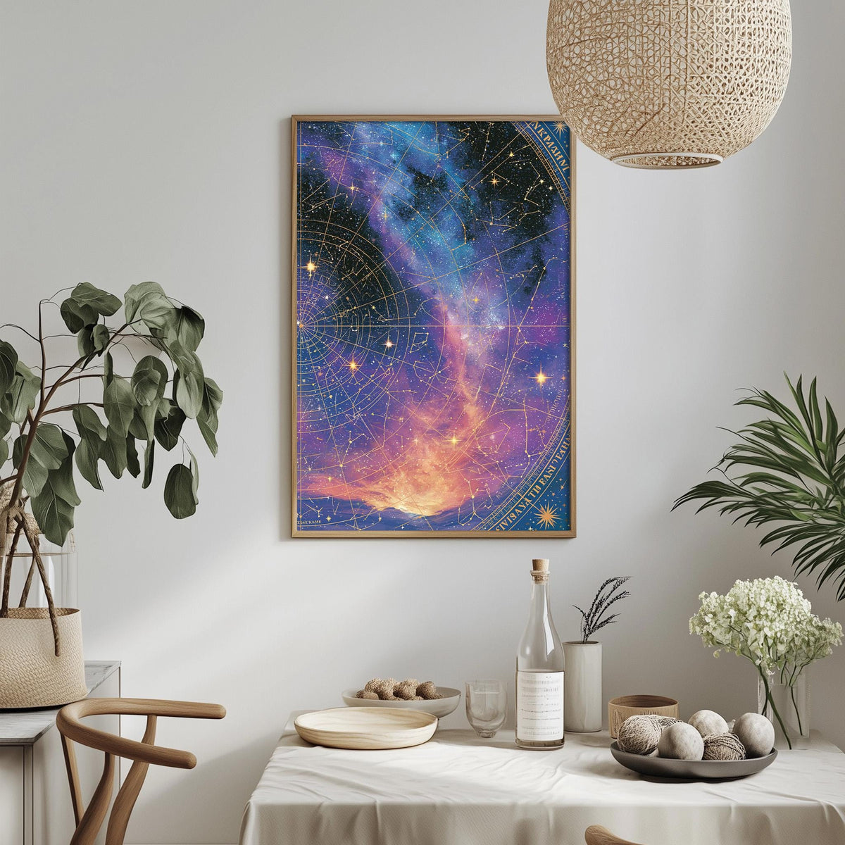 a dining table with a white tablecloth, a bowl of fruit, a bottle, and a vase with flowers. Above the table, there is a framed picture of a colorful galaxy with stars and a cork. The table is set with a plate, a wine glass, and a small bowl. The room has a modern and stylish decor, with a pendant light hanging above the table and a plant in the corner.