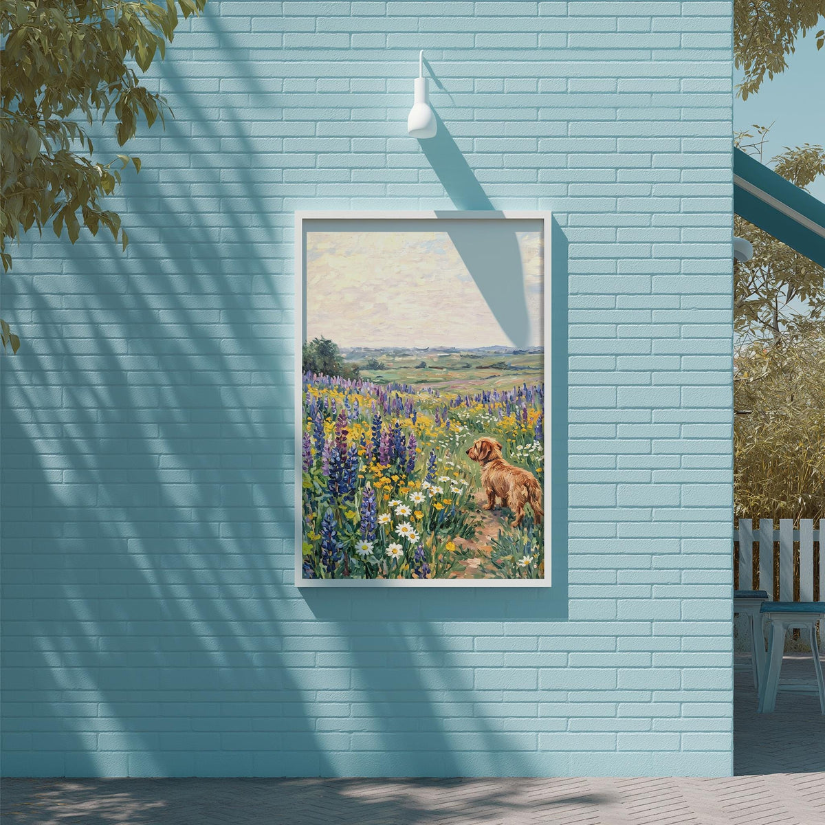 A framed painting of a dog in a field of flowers is displayed on a blue brick wall.