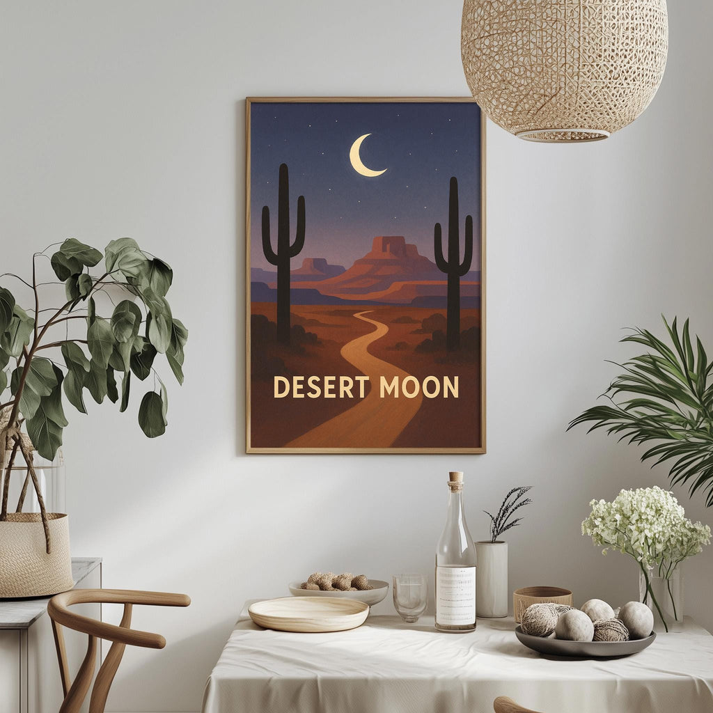 a framed poster of a desert landscape with a cactus and a crescent moon, hanging on a wall above a dining table with various decorative items and plants.