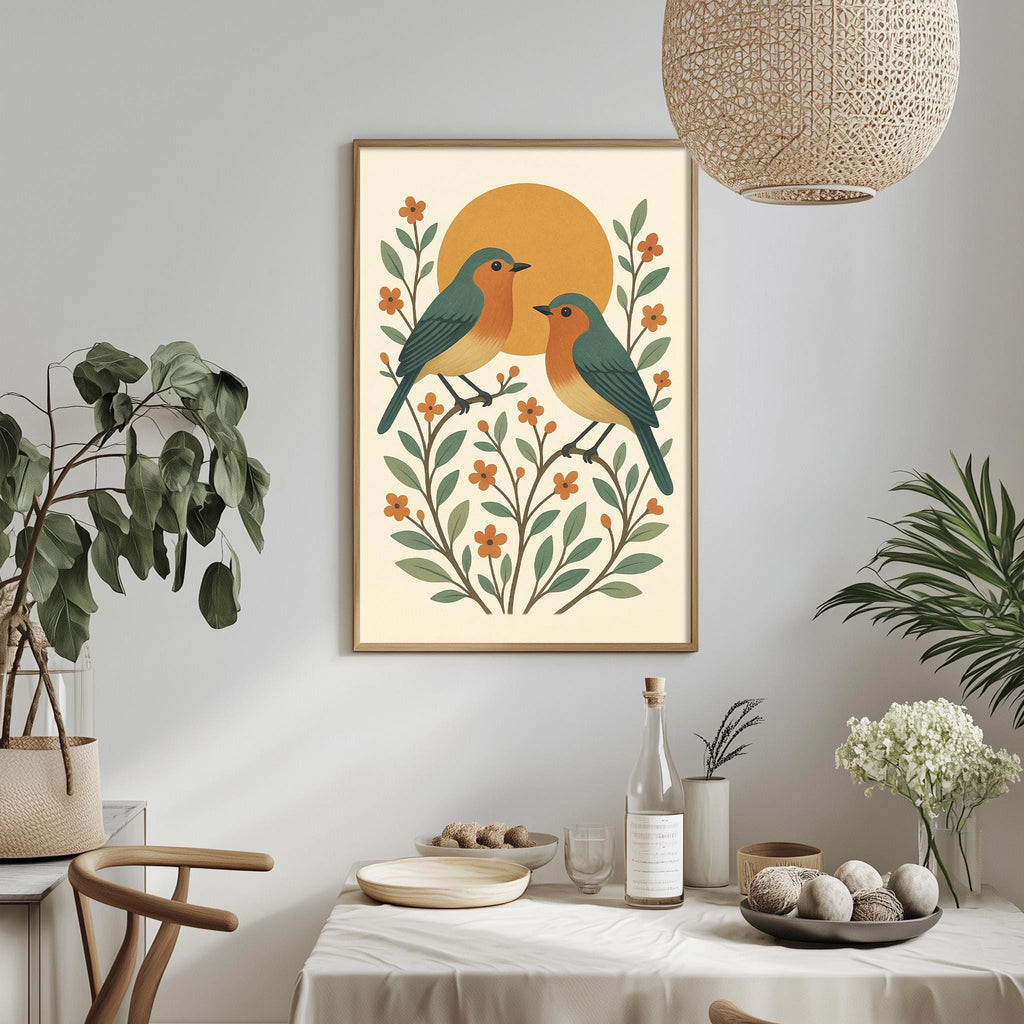 a framed illustration of two birds perched on a branch with flowers and leaves, hanging on a wall above a dining table with various decorative items and plants.