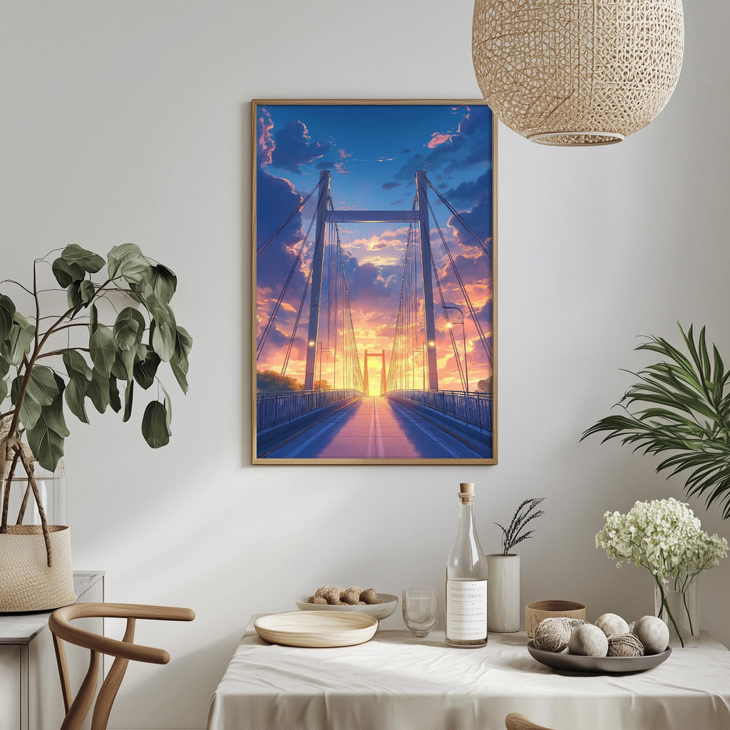 a dining table with a white tablecloth, a bottle, a bowl, and a vase with flowers. Above the table, there is a framed picture of a bridge with a sunset in the background.