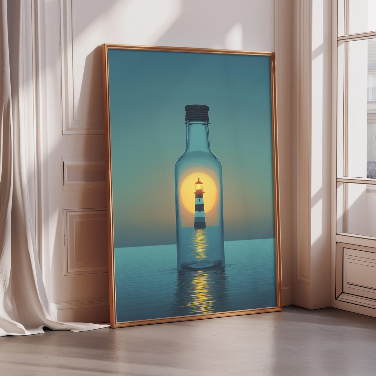 A framed painting depicting a lighthouse inside a bottle, with the sun shining through the bottle's glass.