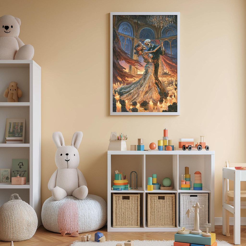 a cozy and colorful children's bedroom with a large painting of a couple dancing in a ballroom, a white bookshelf filled with toys, and a white bean bag chair.