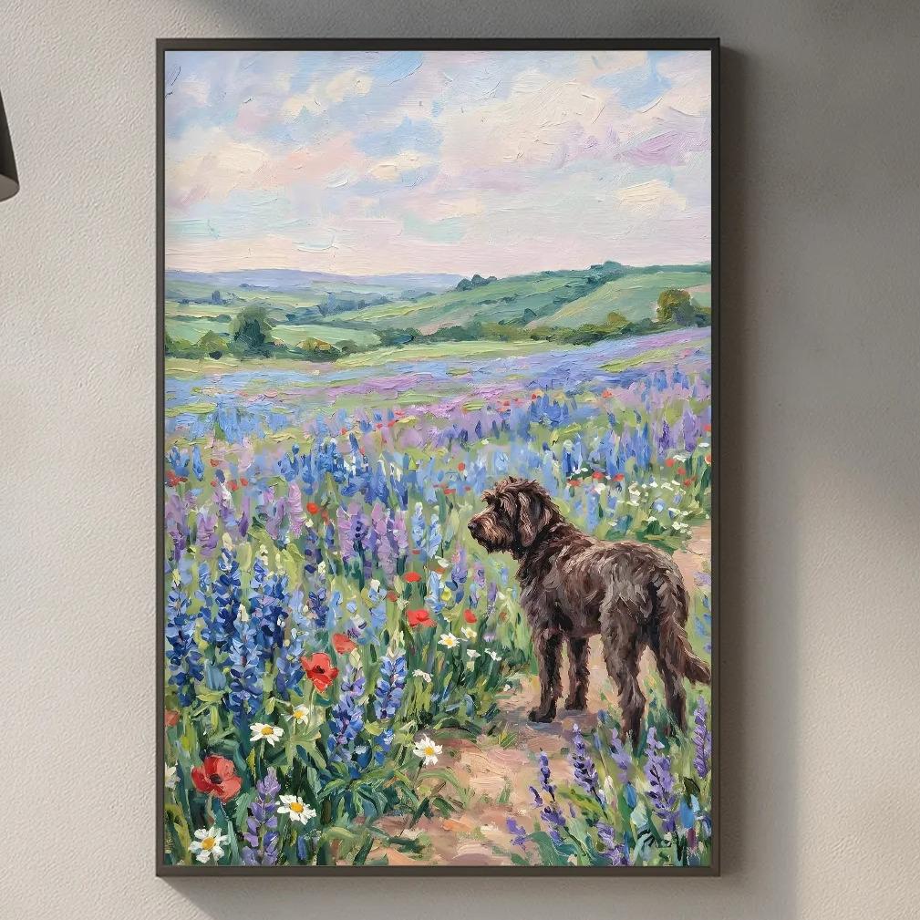 a framed painting of a dog standing in a field of flowers, with a wooden cutting board and other kitchen items visible below the painting on a kitchen counter.