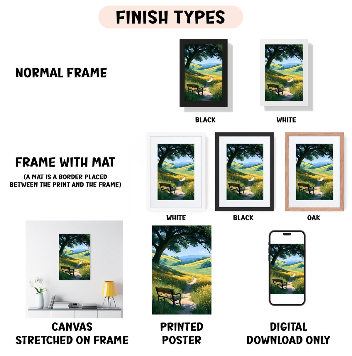 various types of artwork, including a normal frame, a frame with a mat, a white frame, a black frame, an oak frame, a white canvas stretched on a frame, a printed poster, and a digital download only.