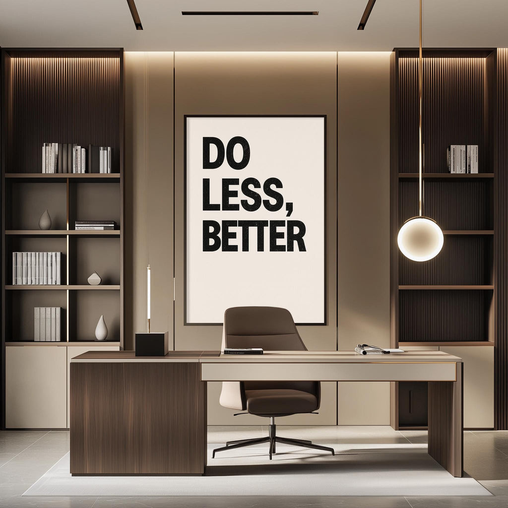 a modern and minimalist office space with a desk, chair, and a large framed poster with the text "DO LESS, BETTER" on the wall.