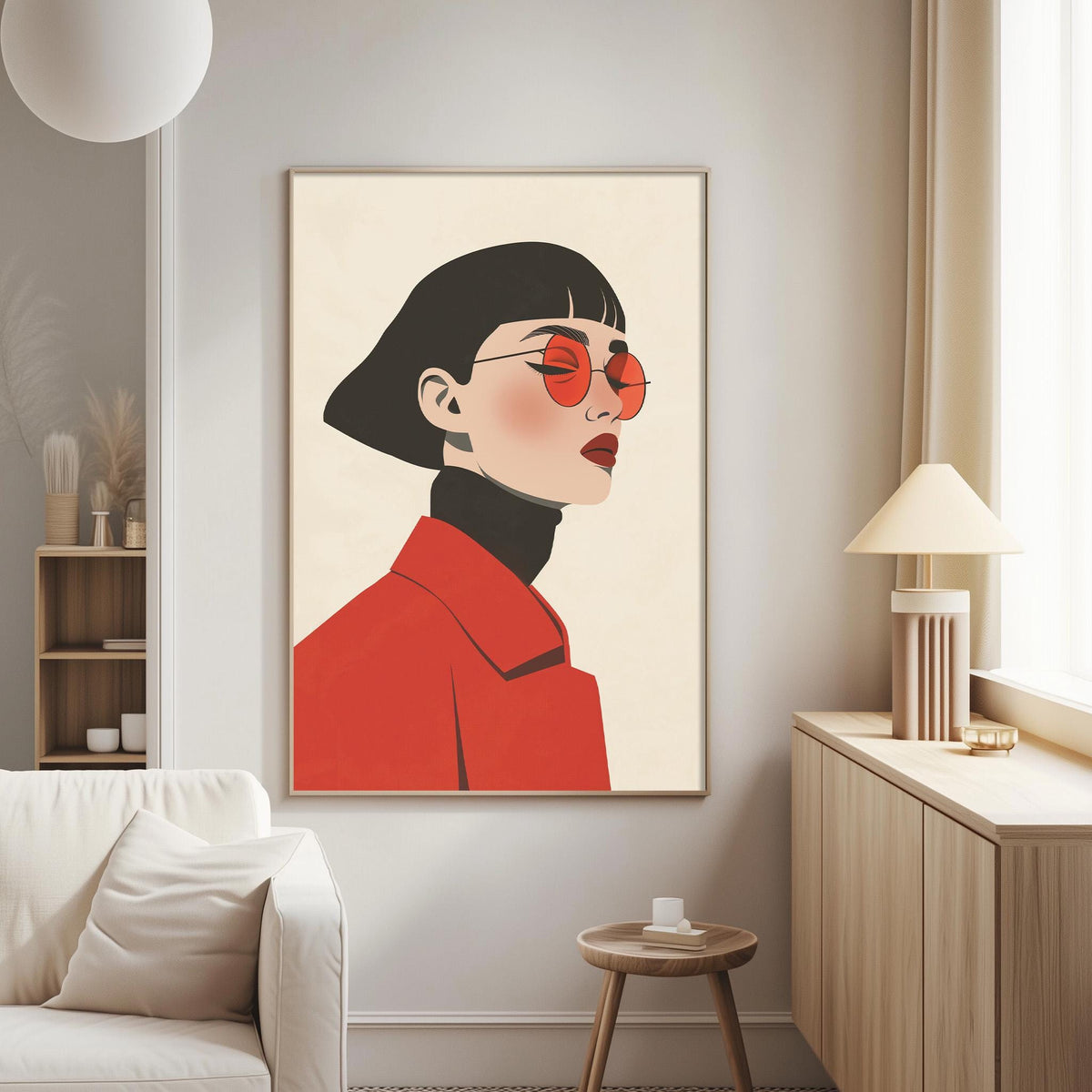 a modern art piece depicting a woman wearing a red coat and sunglasses, hanging on a wall in a living room setting.