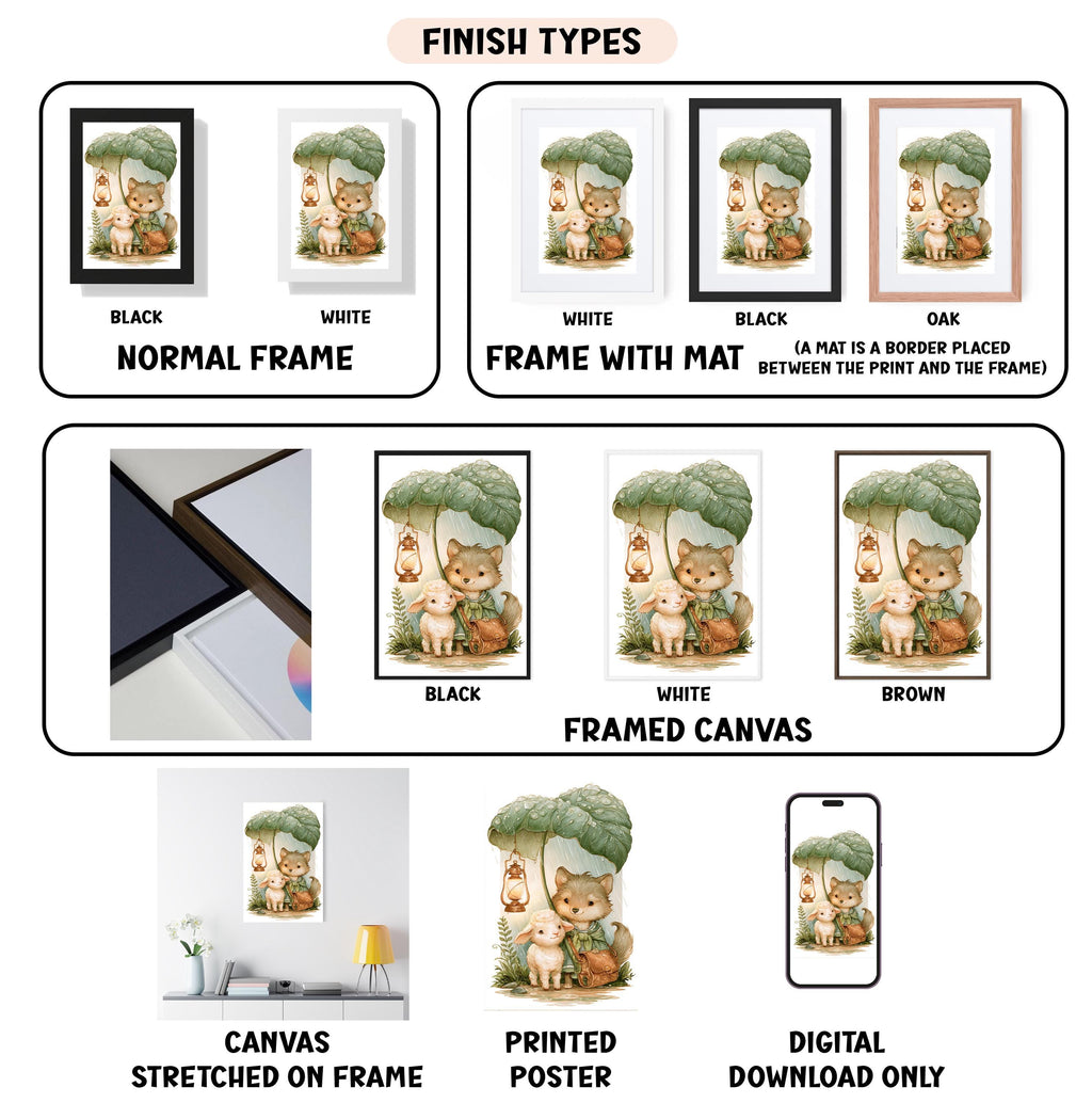 various types of framed artwork, including canvas prints, stretched canvas prints, framed canvas prints, and digital download options.