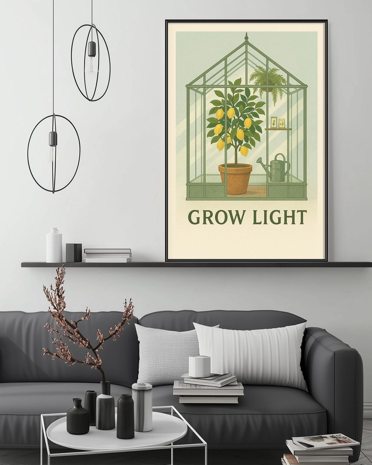 a cozy living room with a gray sofa, a coffee table, and a framed poster of a lemon tree in a greenhouse. The poster has the text "GROW LIGHT" written on it.