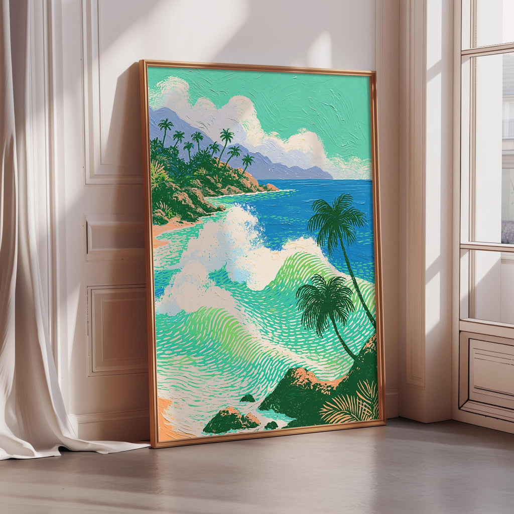 A framed painting depicting a tropical beach scene with palm trees, crashing waves, and a clear blue sky.