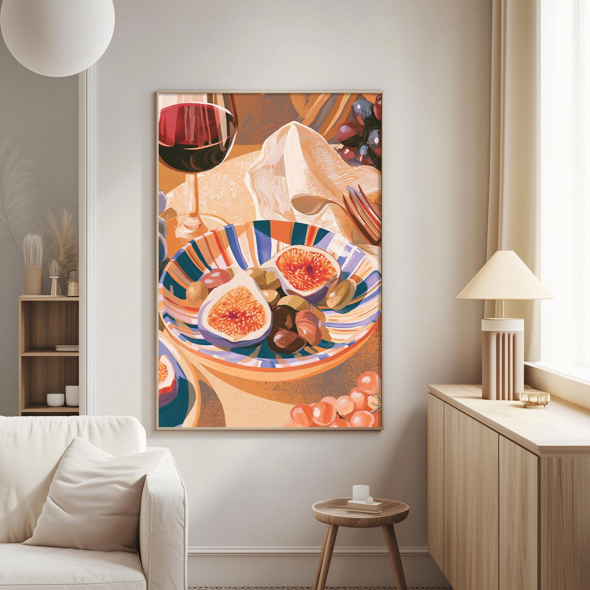 a large, colorful painting of a plate of fruit, including grapes, displayed on a wall in a living room setting.