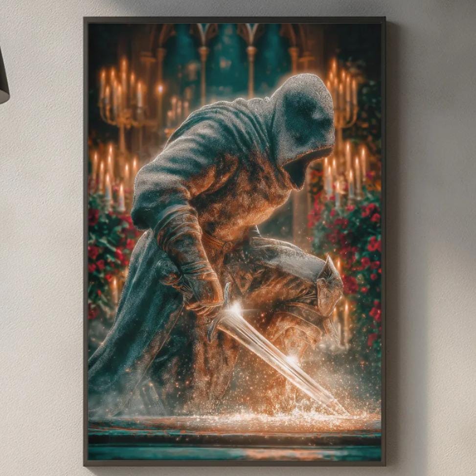 a kitchen counter with various items such as a cutting board, a knife, and a bottle. Above the counter, there is a framed painting depicting a figure holding a sword and surrounded by a fountain.