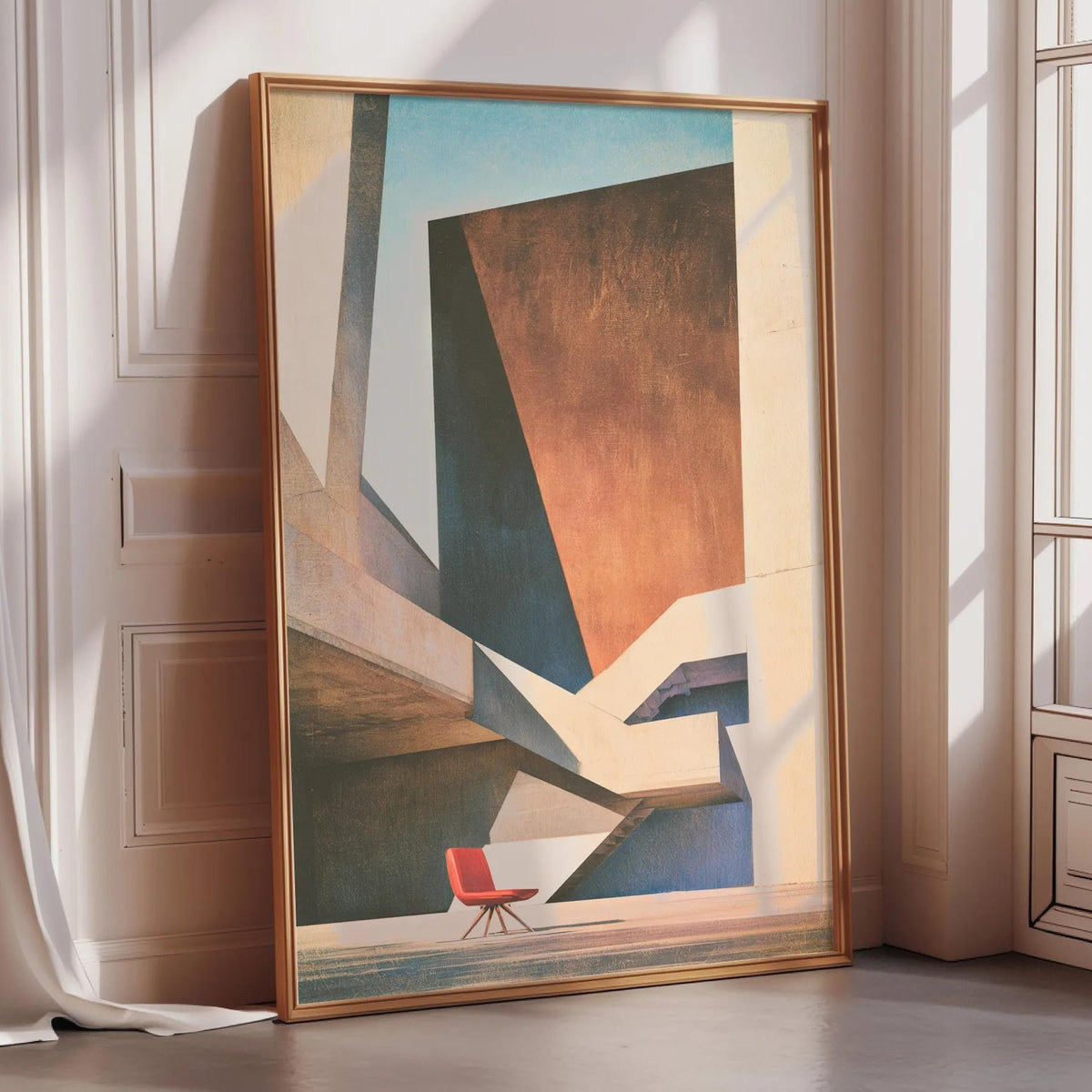 a large abstract painting with a red chair in the foreground, set against a white wall and a window.