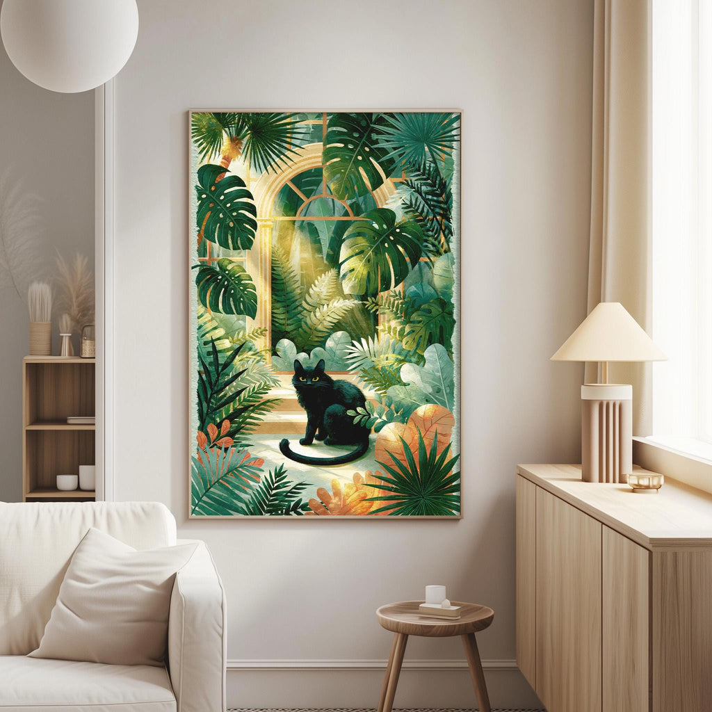 a large, colorful painting of a cat sitting in a lush, tropical garden setting.