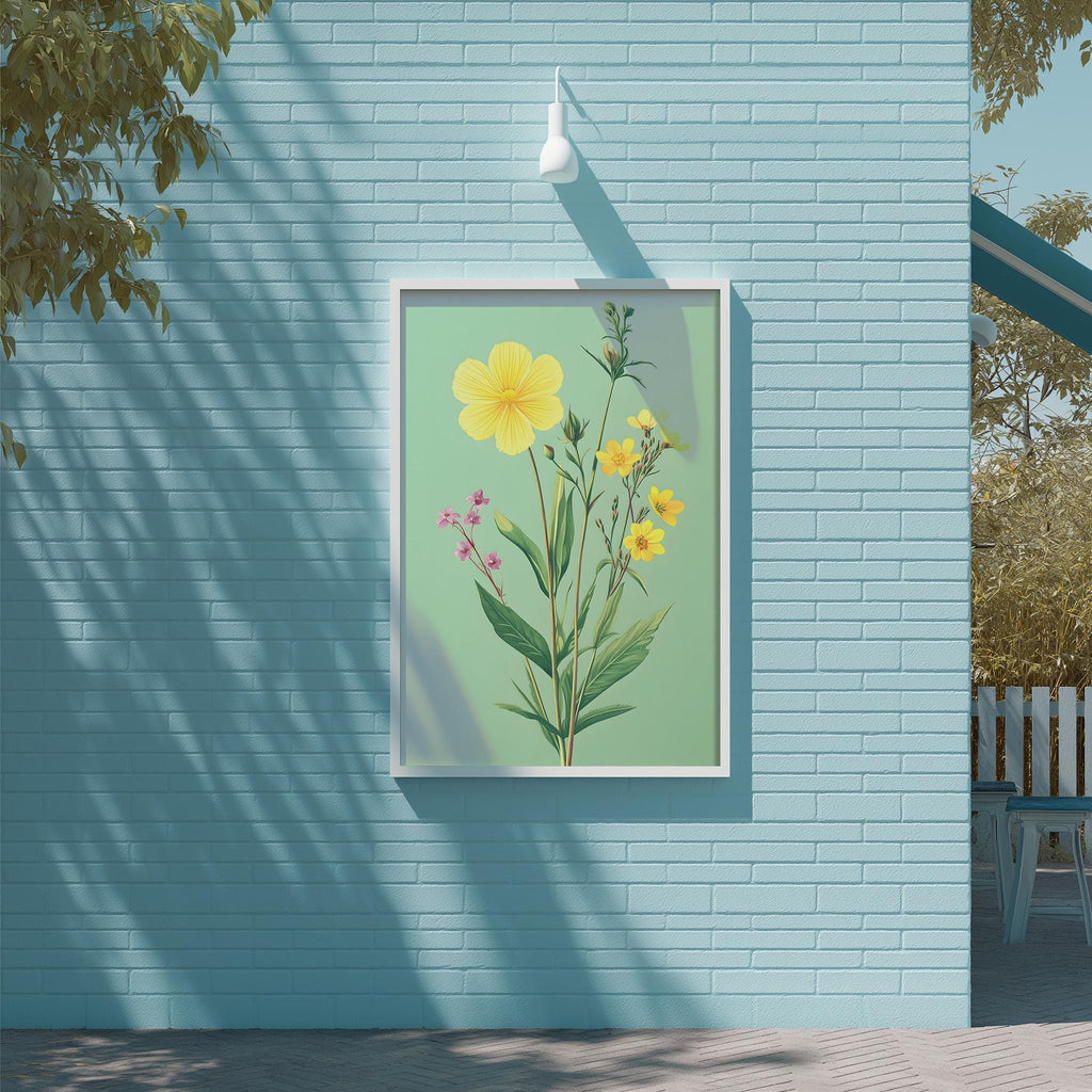 a framed illustration of a yellow flower on a blue wall, with a white light fixture above it.