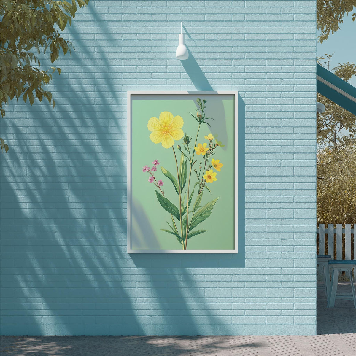 a framed illustration of a yellow flower on a blue wall, with a white light fixture above it.