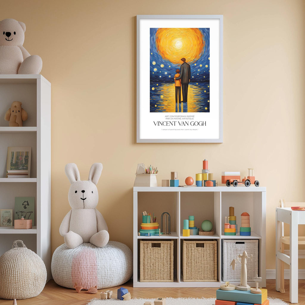 a cozy and colorful nursery room, featuring a large framed print of Vincent van Gogh's painting "Starry Night" on the wall, a white bookshelf filled with toys, and a plush rabbit sitting on a bean bag chair.
