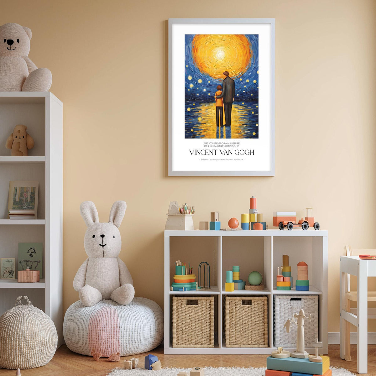 a cozy and colorful nursery room, featuring a large framed print of Vincent van Gogh's painting "Starry Night" on the wall, a white bookshelf filled with toys, and a plush rabbit sitting on a bean bag chair.