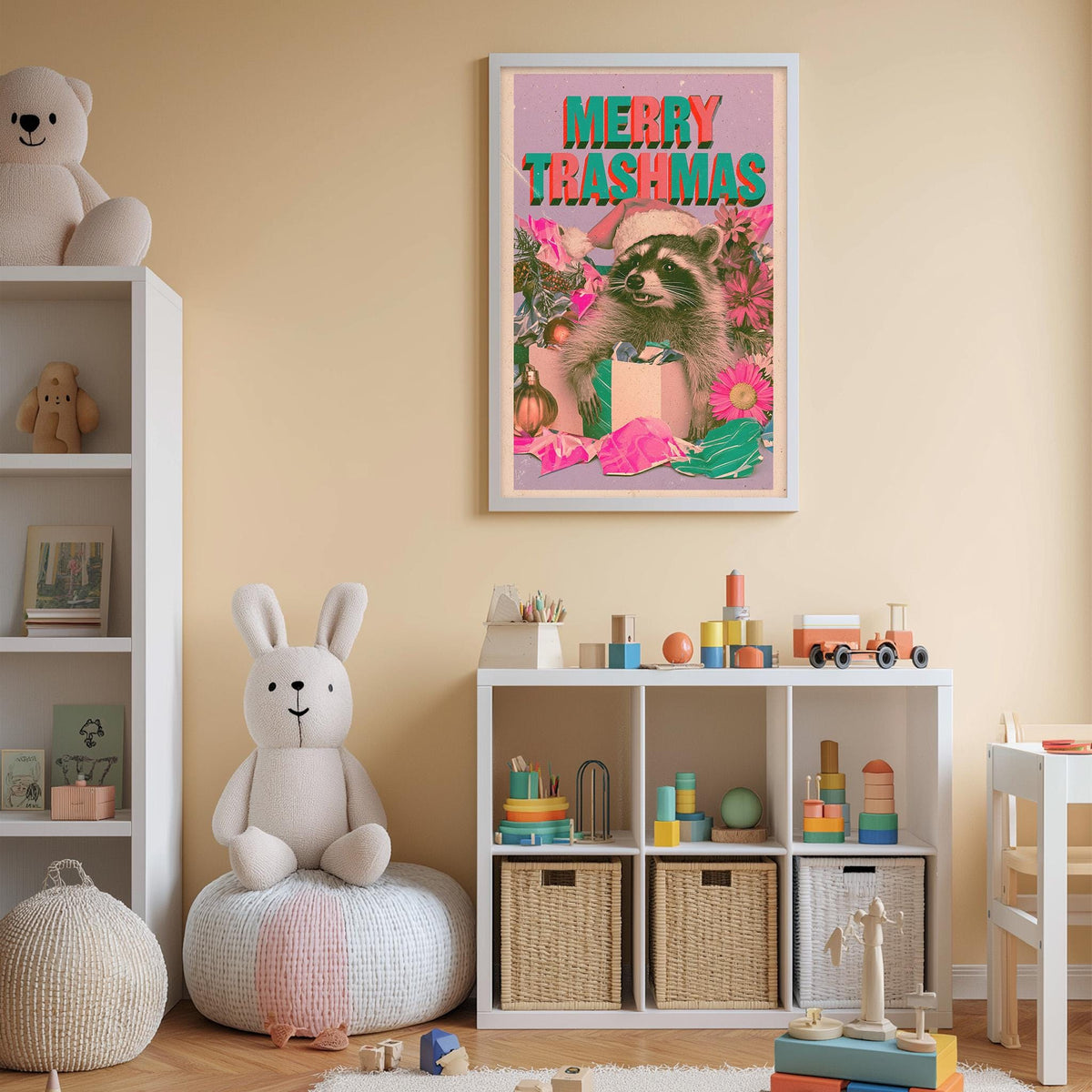 A child's bedroom with a large poster of a raccoon on the wall, a stuffed rabbit, and a toy train set. The room also has shelves with various toys and storage bins.