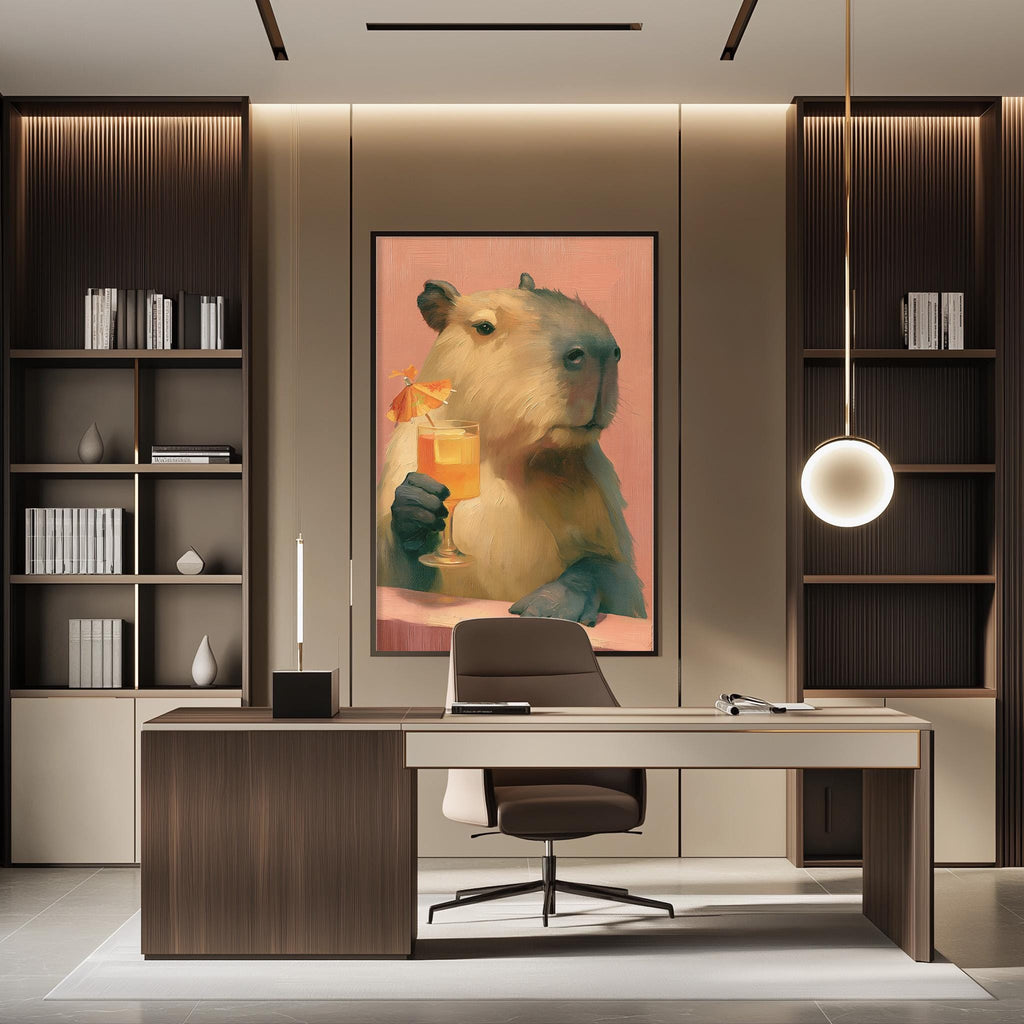 a modern office space with a large painting of a capybara holding a drink on the wall. The office has a wooden desk, a chair, and a bookshelf filled with books. The overall design and decor create a contemporary and stylish atmosphere.