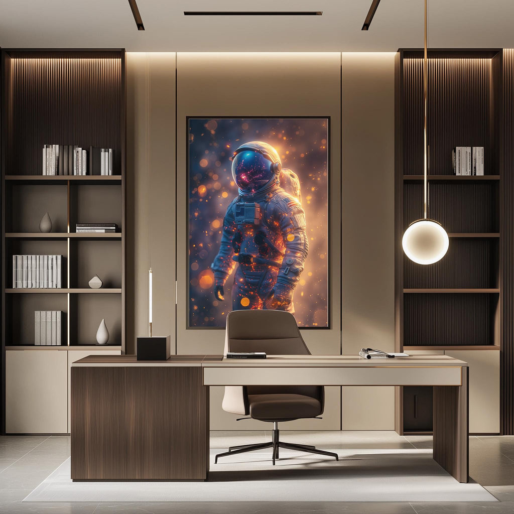 a modern office space with a large framed artwork of an astronaut on the wall. The office has a sleek and minimalist design, with a desk, chair, and shelving units.
