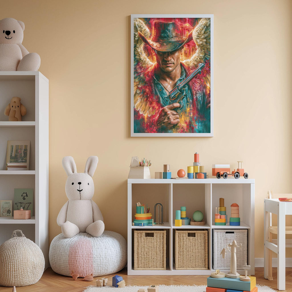 a child's bedroom with a large framed painting of a cowboy character on the wall, a white bookshelf filled with toys, and a white bean bag chair.