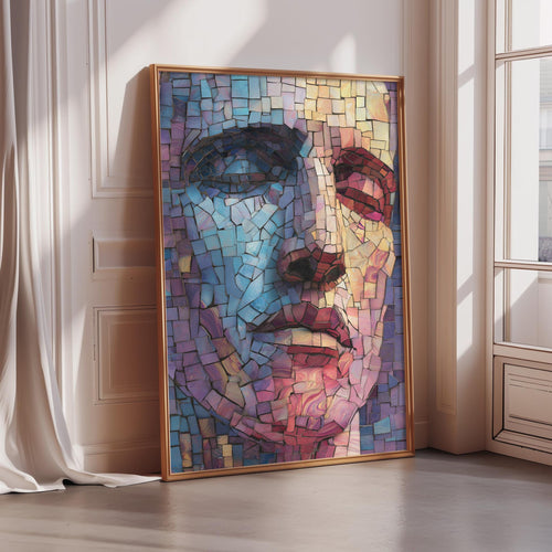 a large, colorful mosaic portrait of a human face, with the individual pieces forming a vibrant and intricate design.