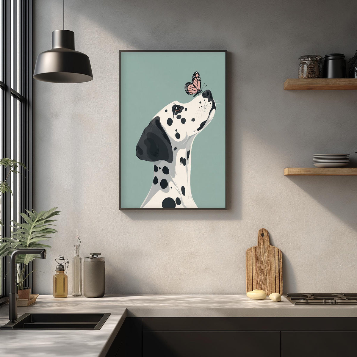 a framed illustration of a Dalmatian dog with a butterfly on its nose, hanging on a wall above a kitchen counter.
