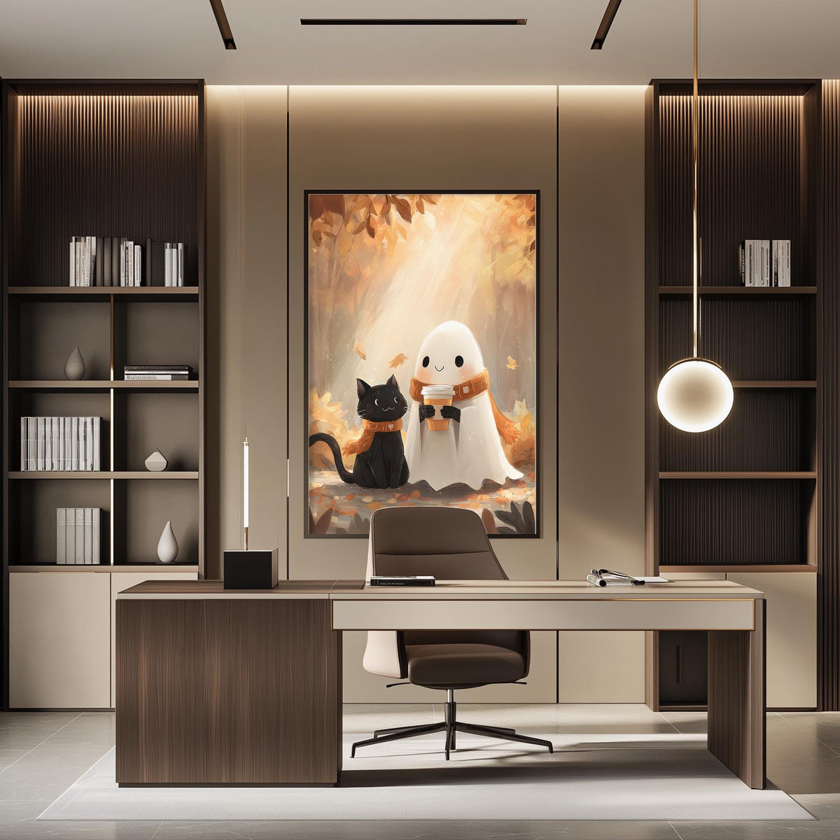 a modern office space with a large framed artwork depicting a ghost and a cat on the wall. The office has a wooden desk, a chair, and a bookshelf filled with books. The overall design and decor create a cozy and inviting atmosphere.