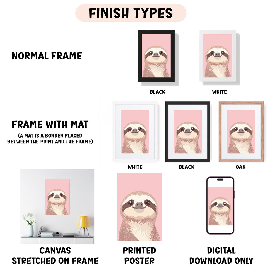 various finish types for a sloth poster, including a normal frame, a frame with a mat, a white frame, a black frame, an oak frame, a canvas stretched on a frame, a printed poster, and a digital download only.