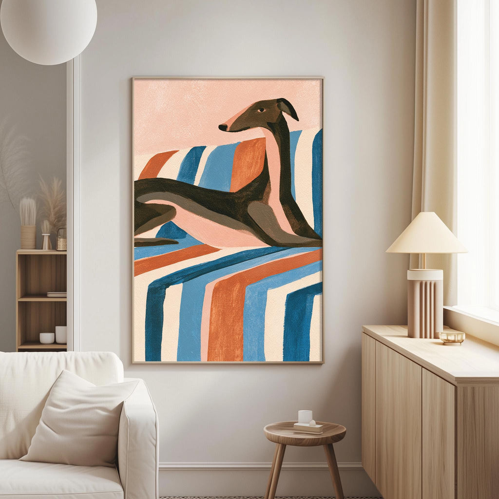 a large abstract painting of a dog on a colorful striped couch, hanging on a wall in a living room setting.
