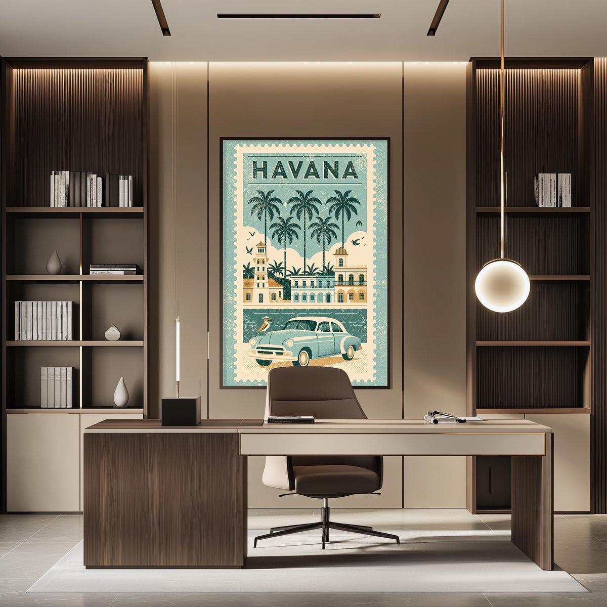 a modern office space with a large framed poster of Havana, a vintage car, and a desk with a chair.
