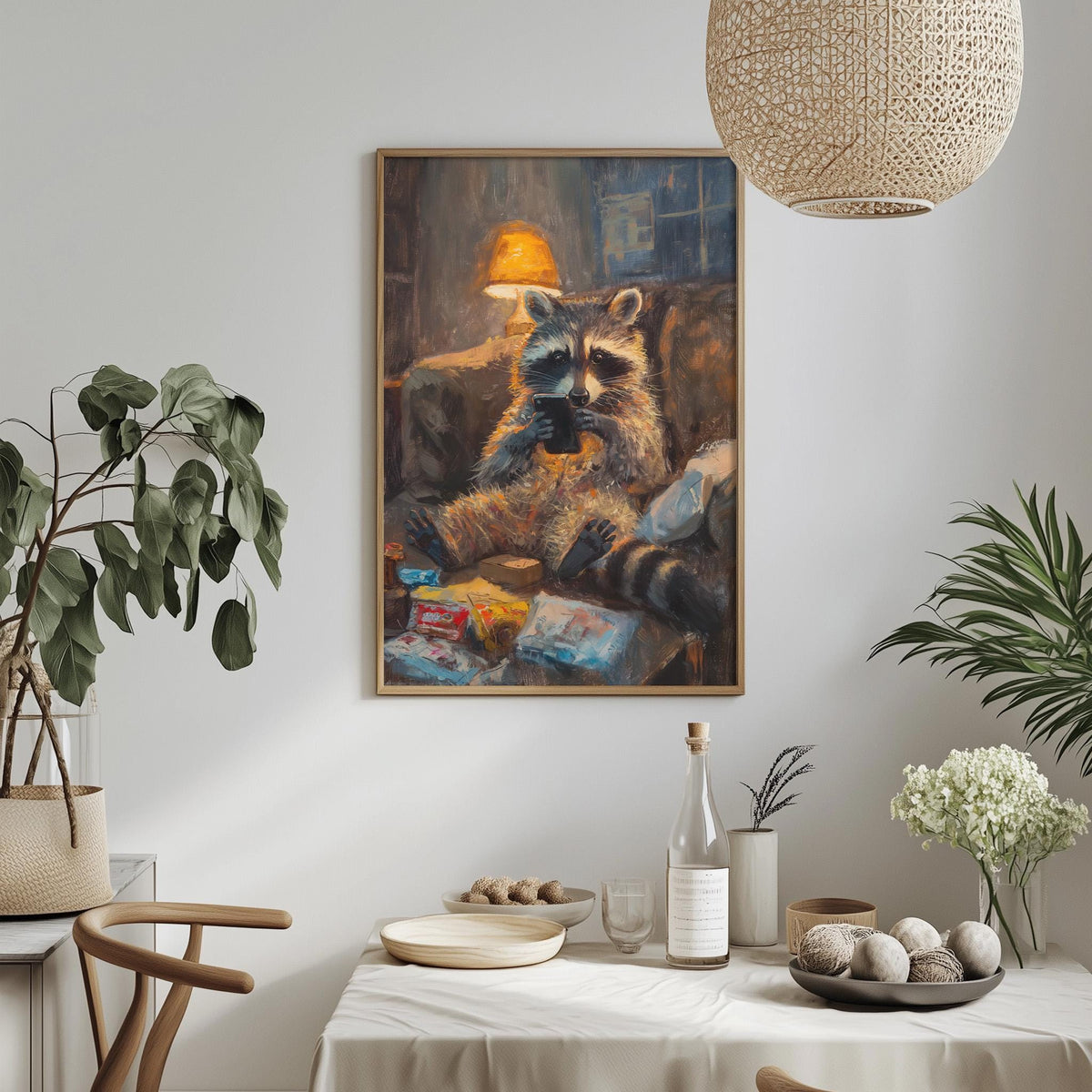 a raccoon sitting on a chair in a cozy indoor setting, with a dining table and various decorative elements in the background.