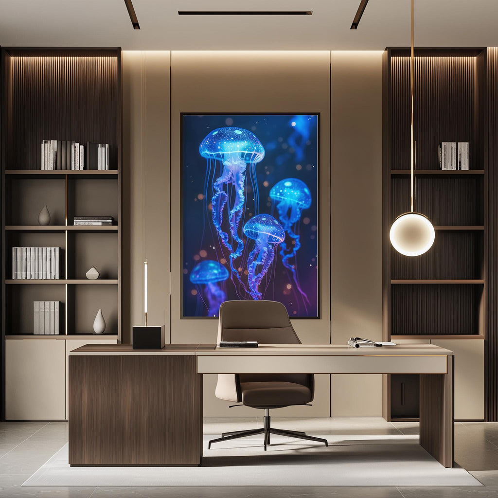 a modern office space with a large framed artwork of jellyfish on the wall, creating a serene and calming atmosphere. The office has a wooden desk, a comfortable chair, and a bookshelf filled with books, contributing to a professional and organized environment.