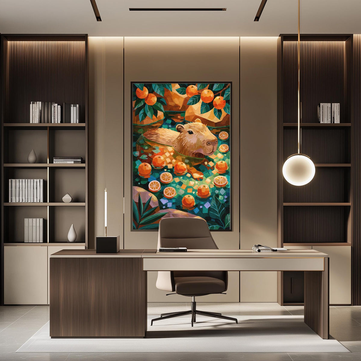 a modern office space with a large painting of a beaver surrounded by an array of oranges hanging on the wall. The office features a desk, chair, and bookshelves, creating a professional and organized atmosphere.