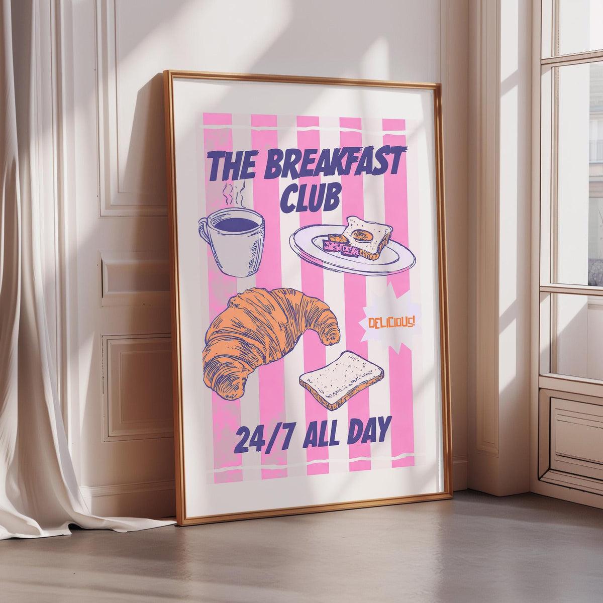 The image is a poster advertising a breakfast club that offers 24/7 service.