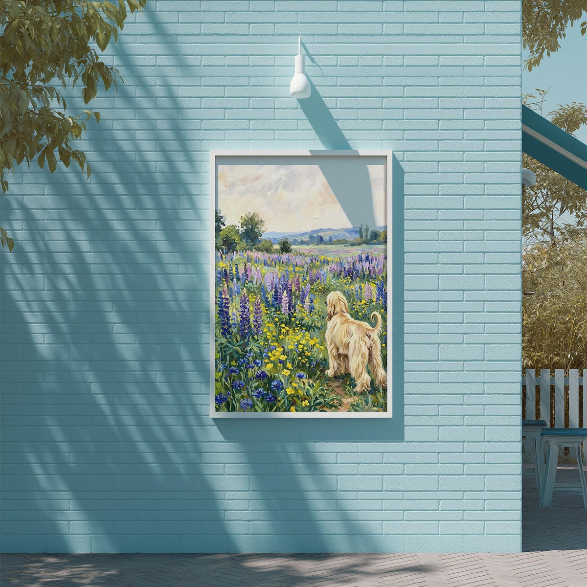 A painting of a golden retriever dog standing in a field of purple flowers, with a blue building and trees in the background.