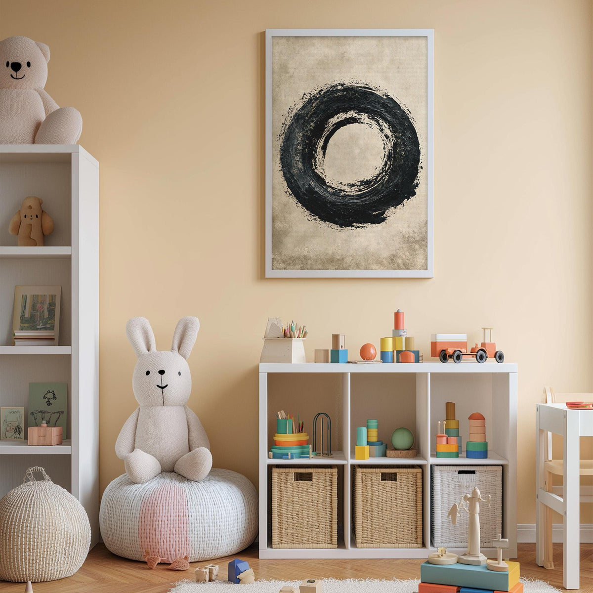 A cozy and colorful children's bedroom with a large stuffed rabbit, a bookshelf, and a toy storage unit filled with toys and books.