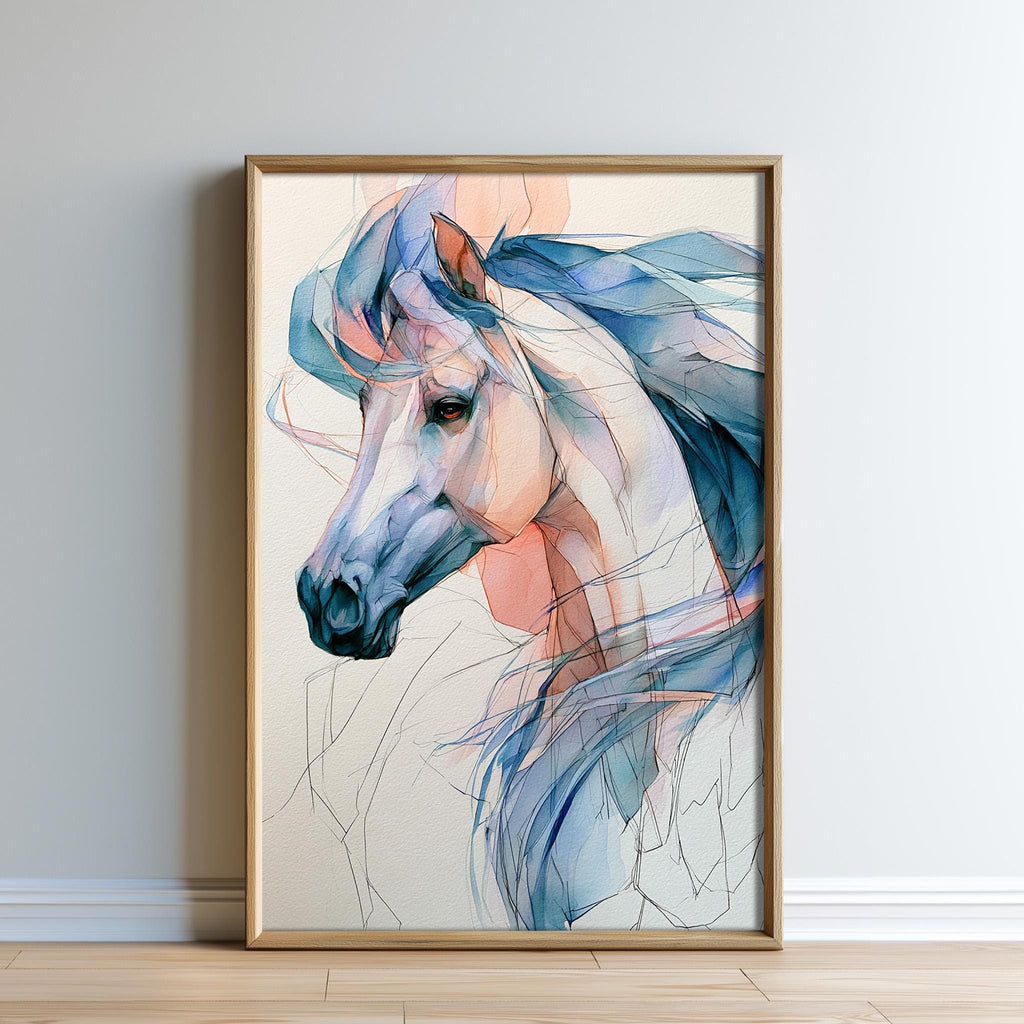 The image is a framed painting of a horse's head, featuring a vibrant and colorful depiction of the animal's features.