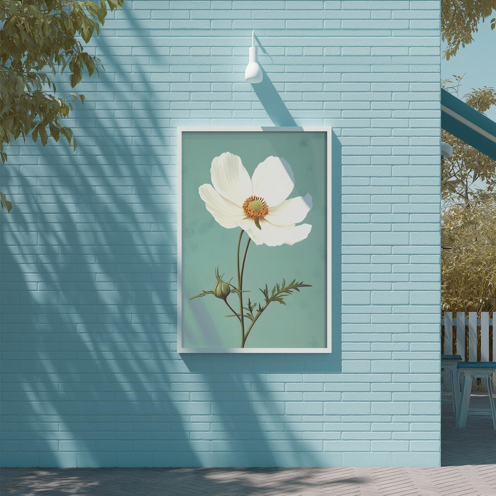 a large white flower with a yellow center, hanging on a blue brick wall.