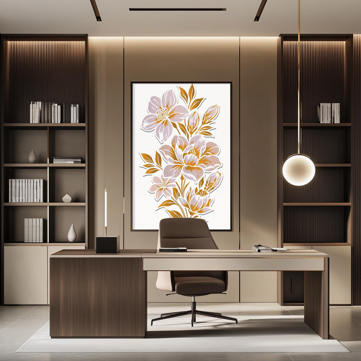 a modern and stylish office space with a large floral artwork on the wall, a wooden desk with a chair, and built-in bookshelves.