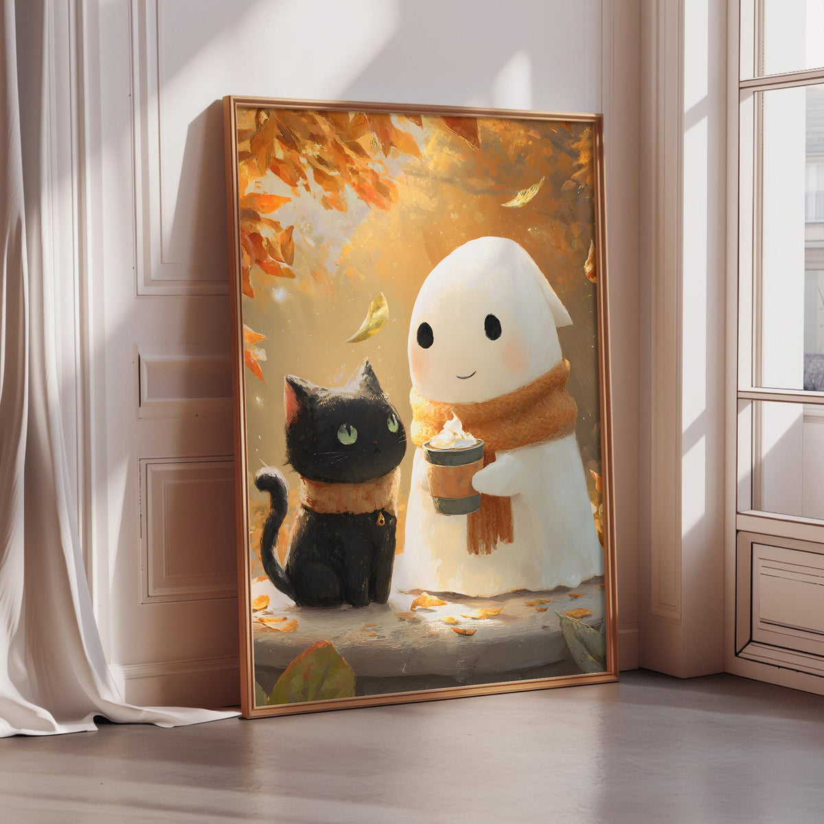 A framed illustration depicting a black cat and a ghost-like figure, possibly a ghost, sitting together in an autumnal setting with falling leaves.