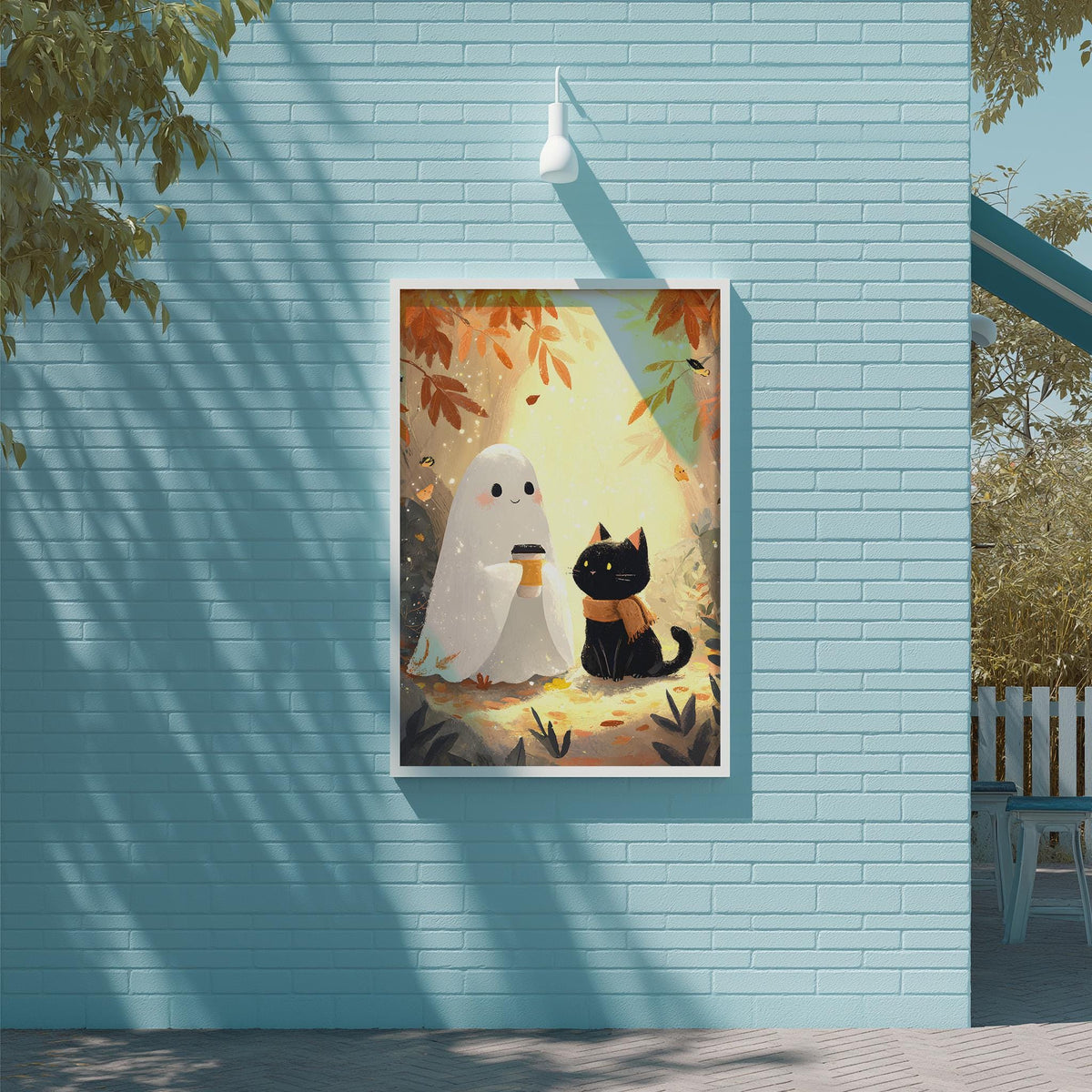 a whimsical scene of a ghost and a black cat, both sitting on a brick wall. The ghost is dressed in a white outfit and appears to be holding a cup, while the black cat is sitting next to it. The background of the image is filled with autumn leaves, creating a cozy and festive atmosphere.