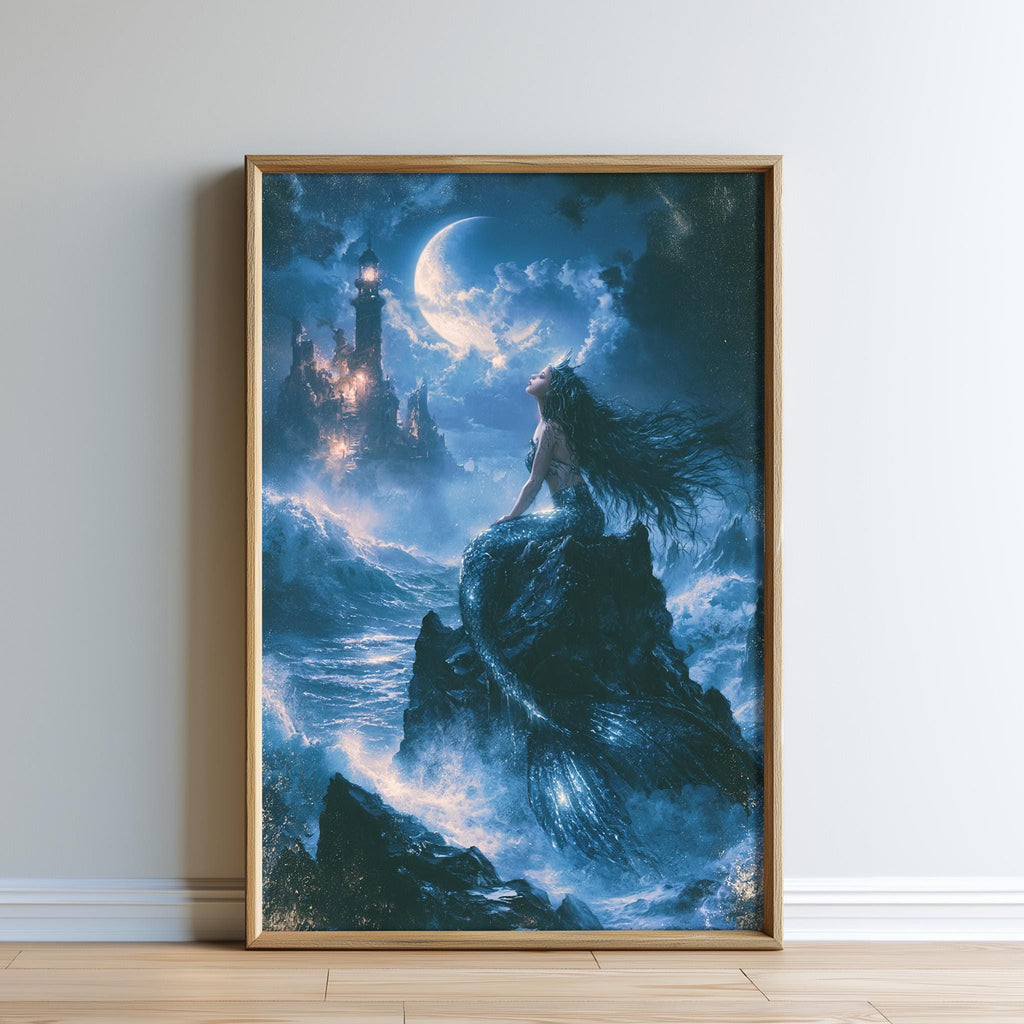 The image is a framed painting depicting a mermaid sitting on a rock, gazing up at a lighthouse in the distance under a crescent moon.