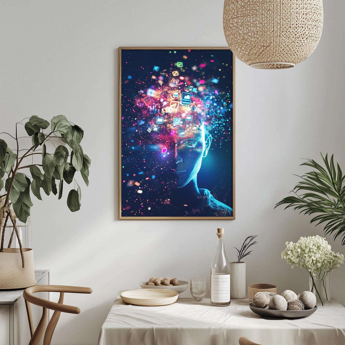 a modern art piece with a vibrant, colorful design depicting a face surrounded by a cosmic background with lights and patterns. The artwork is displayed on a wall above a dining table with various decorative items, including potted plants, vases, and bowls.