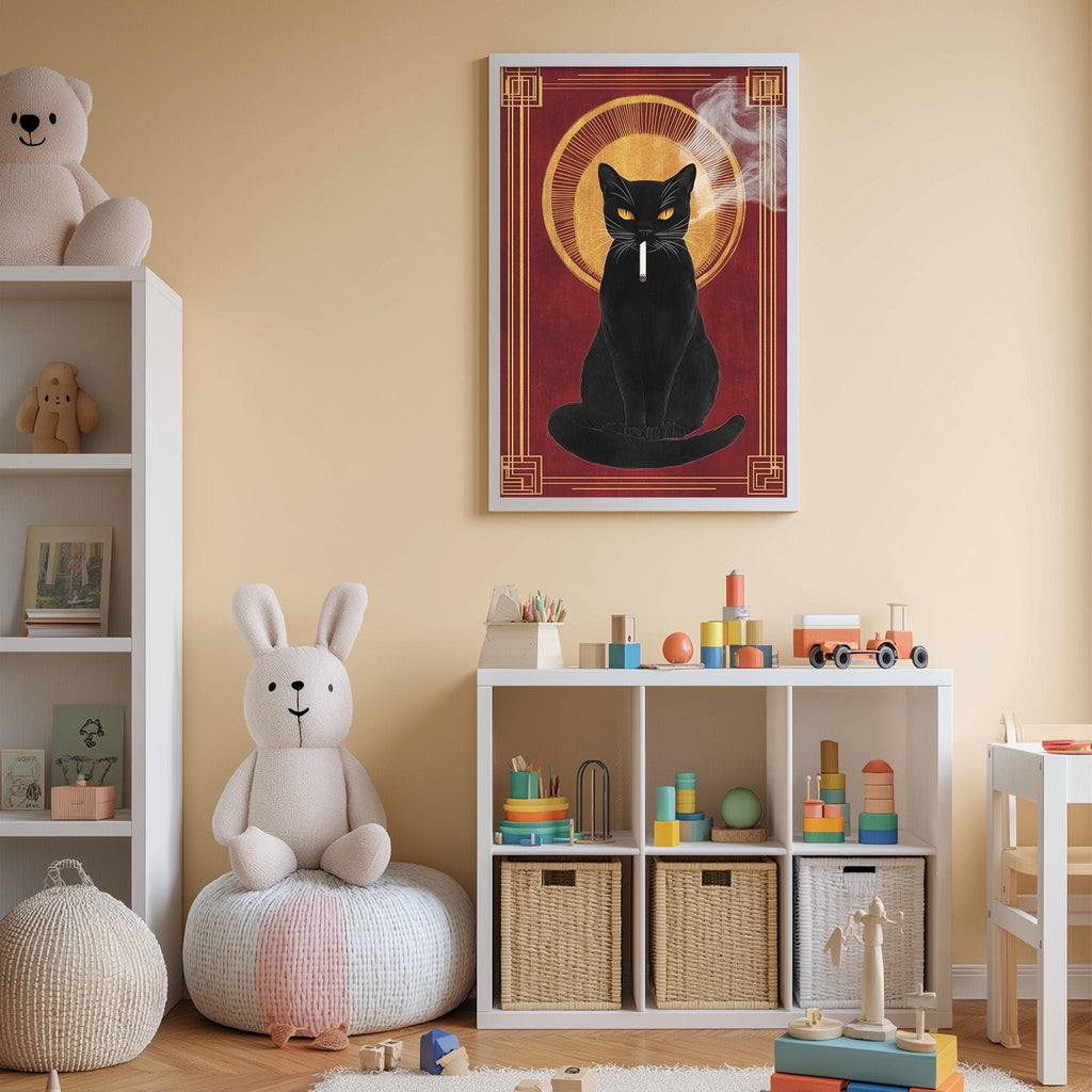 A cozy children's room with a white rabbit, a black cat, and a framed artwork of a cat on the wall. The room also contains a bookshelf, a toy chest, and various toys and stuffed animals.