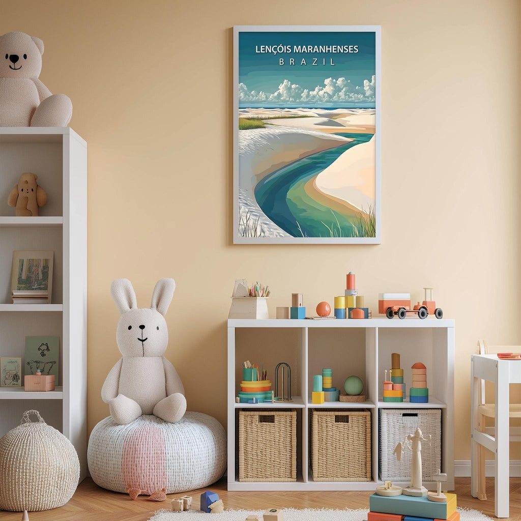 a child's bedroom with a large poster of a beach scene hanging on the wall, a white bookshelf filled with toys, and a stuffed rabbit sitting on a bean bag chair.