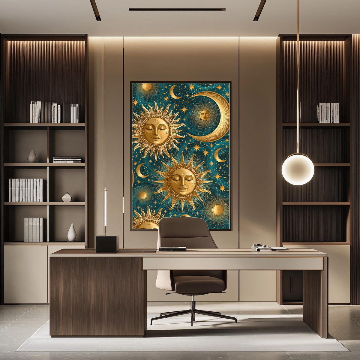 a modern office space with a large framed artwork featuring suns and crescents on the wall above a desk with a chair.